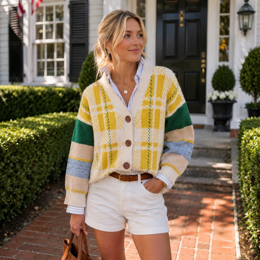 Icebird Yellow Plaid Striped Button Front Cardigan Sweater One Size IW90035